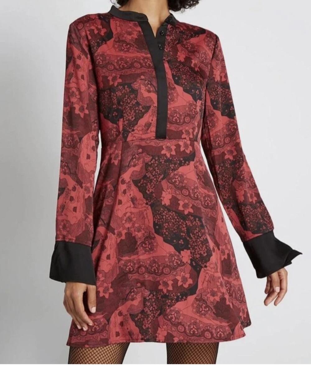 Modcloth Red/Black Goddess Print 70's Inspired 8 Dress Mystical Whimsygoth